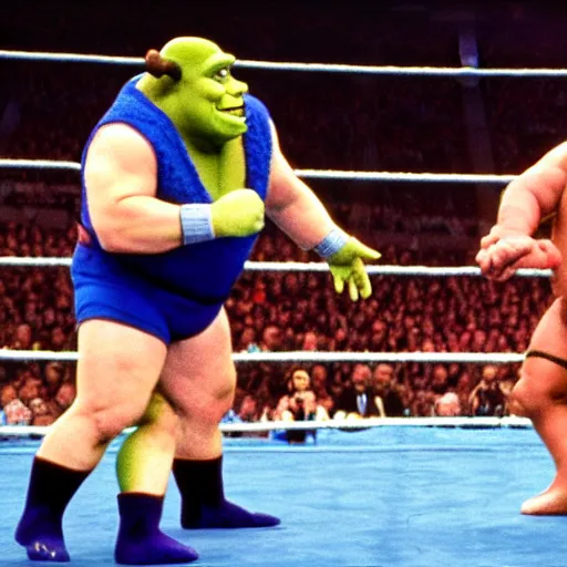 Image similar to shrek vs andre the giant at wrestlemania 8