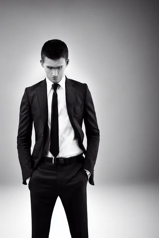 Prompt: very ashamed and angry demon envoked by hugo boss for modeling in hugo boss, luxury materials, symmetrical, cinematic, elegant, professional studio light, real dlsr photography, sharp focus, 4 k, ultra hd, sense of awe, high fashion