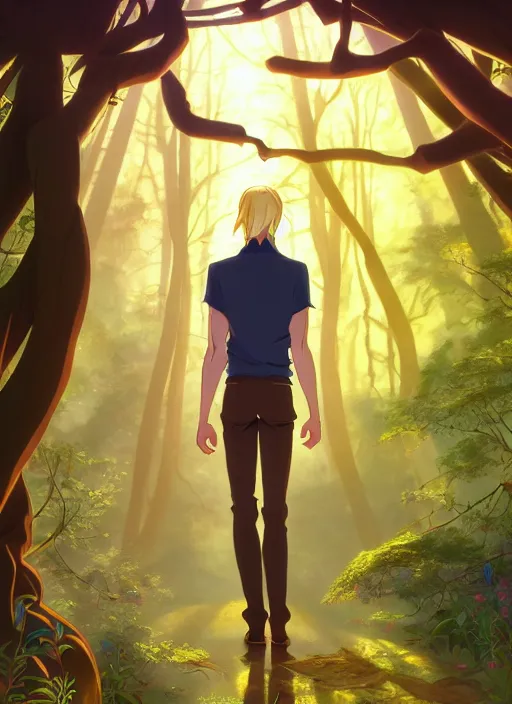 Image similar to book cover design, slender young man with shoulder length golden blond hair, shiny and sparkling, from behind, back shot, high angle, lost in a magical forest, natural lighting, path traced, highly detailed, high quality, cartoon, digital painting, by don bluth and ross tran and studio ghibli and alphonse mucha