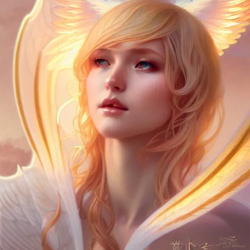 Prompt: Winged girl angel with blonde hair and glowing halo, iridescent, seraphim, fantasy, intricate, elegant, highly detailed, digital painting, artstation, concept art, smooth, sharp focus, illustration, art by Krenz Cushart and Wenqing Yan and Alphonse Mucha