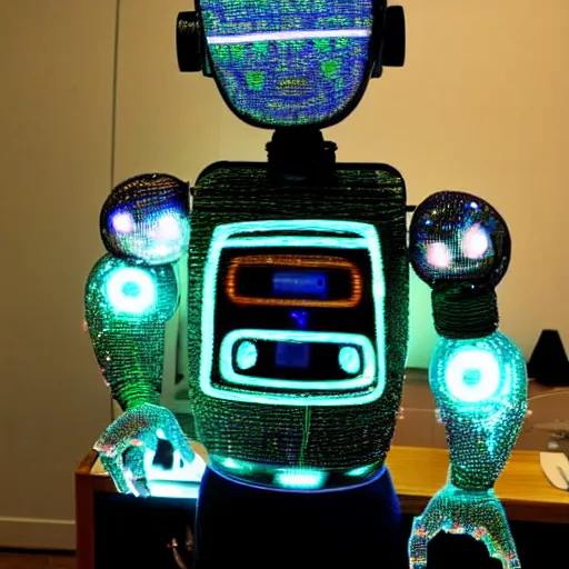 Prompt: robot made of glass and fiber optics