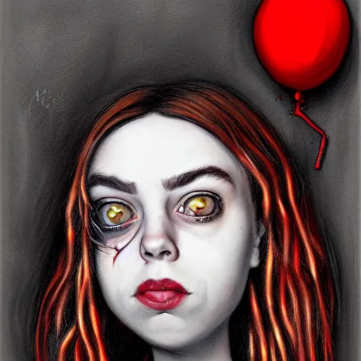 Image similar to surrealism grunge cartoon portrait sketch of billie eilish with a wide smile and a red balloon by - michael karcz, loony toons style, my little pony style, horror theme, detailed, elegant, intricate