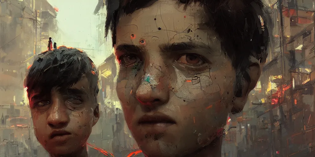 Image similar to extreme closeup on the beautiful eyes of a neon guard boy with short dark hair in front of a crowd with piles of garbage by Ismail inceoglu dragan bibin hans thoma, Perfect face, fine details, realistic shaded, fine-face, pretty face