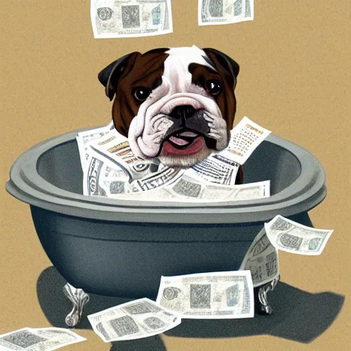 Image similar to english bulldog in bathtub with stacks of bills, artstation