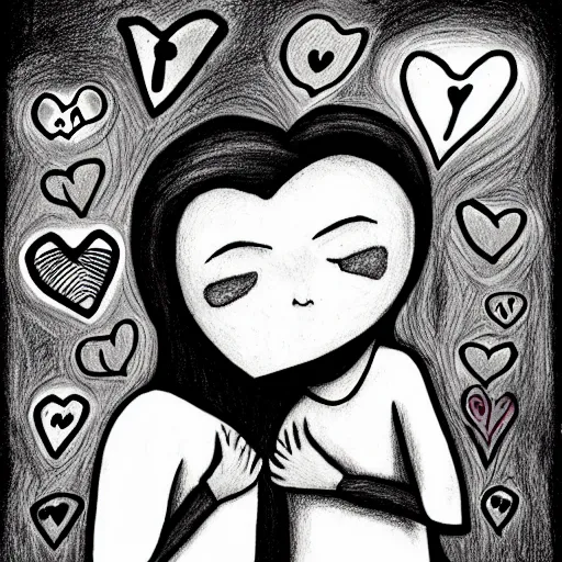 Image similar to teaching, many hearts, friendship, love, sadness, dark ambiance, concept by godfrey blow, featured on deviantart, drawing, sots art, lyco art, artwork, photoillustration, poster art