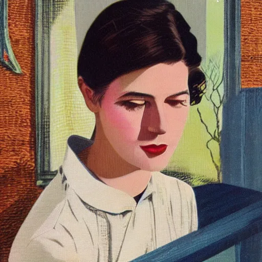 Prompt: “Irène Jacob portrait, color vintage magazine illustration 1950”