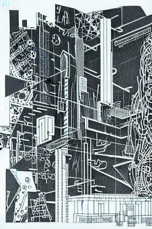 Prompt: a black and white drawing of a science fiction building, cityscape, a detailed mixed media collage by hiroki tsukuda and eduardo paolozzi and moebius, intricate linework, sketchbook psychedelic doodle comic drawing, geometric, street art, polycount, deconstructivism, matte drawing, academic art, constructivism