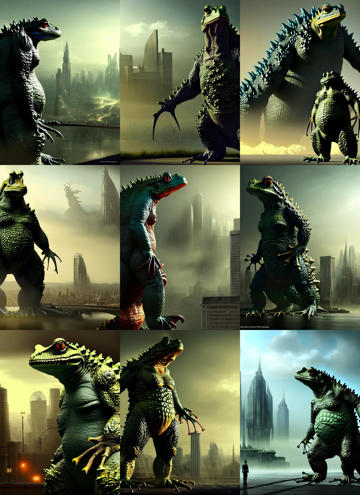 Prompt: costume design made by frog and godzilla, sophisticated composition, old masters light composition, procedurally generated, frogzilla creature, cityscape behind, substance designer, PBR, HD, Ultra detailed, hyperrealistic, megascans, volumetric light, concept by master artist, made in paint tool SAI2, trending pixiv face