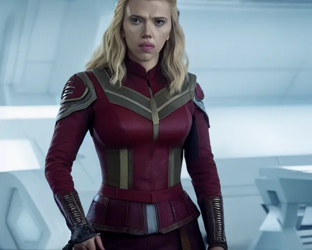 Image similar to scarlett johansson, in starfleet uniform, playing lagertha in a scene from the tv series vikings