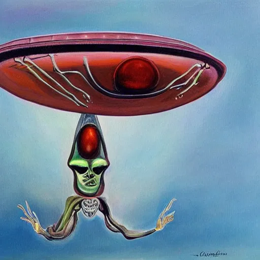 Prompt: painting of an alien spaceship made of flesh and exoskeleton, in the style of salvador dali