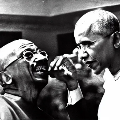 Image similar to Barack Obama having a rap battle against Ghandi, historical photo, 1962