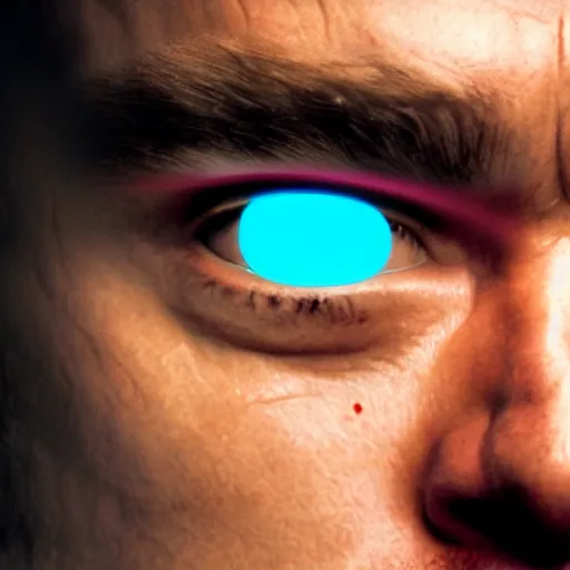 Image similar to still of leonardo dicaprio half cyborg, film grain, red glowing eyes, red lens flare