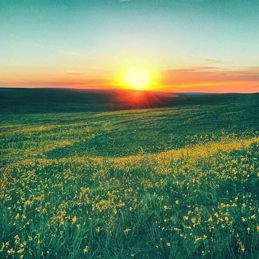 Image similar to sunset above plains and meadow, beautiful landscape, high detail, instagram photo, professional dslr photo, creative composition, beautiful composition