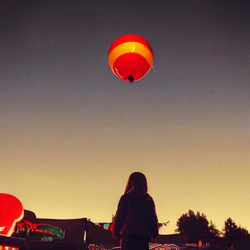 Prompt: a girl holding a balloon at a fairground. buildings with graffiti. dusk. photograph in the style of simon stalenhag