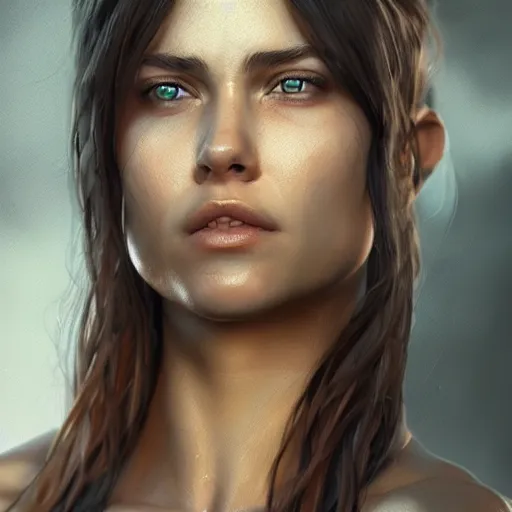 Image similar to a very beautiful woman with muscles, digital art, photorealistic, unreal engine, 8 k resolution, artstation, beautiful face, pretty face, very detailed eyes, by wlop, greg rutkowski, simon bosley