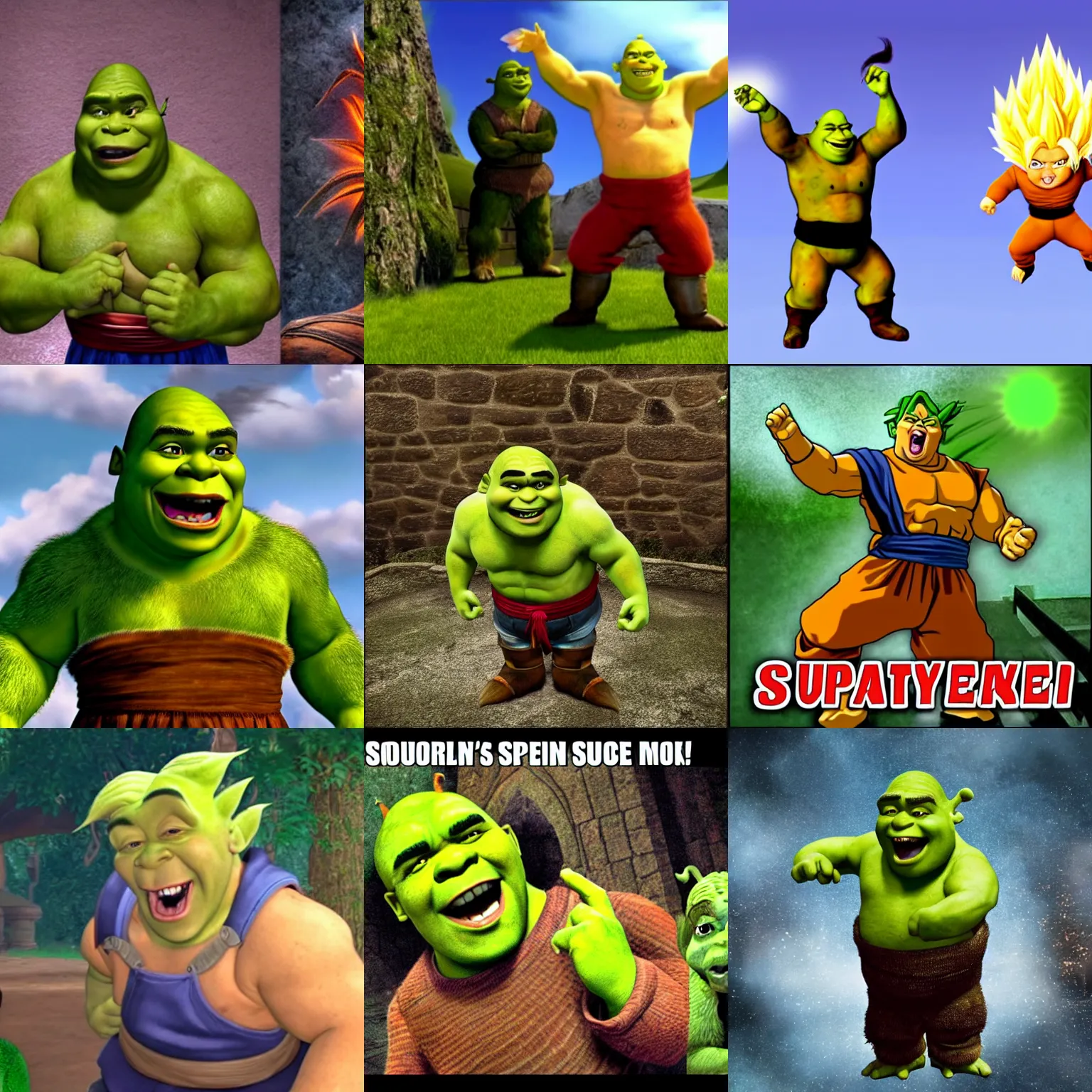 Prompt: Shrek screams as he goes Super Saiyan