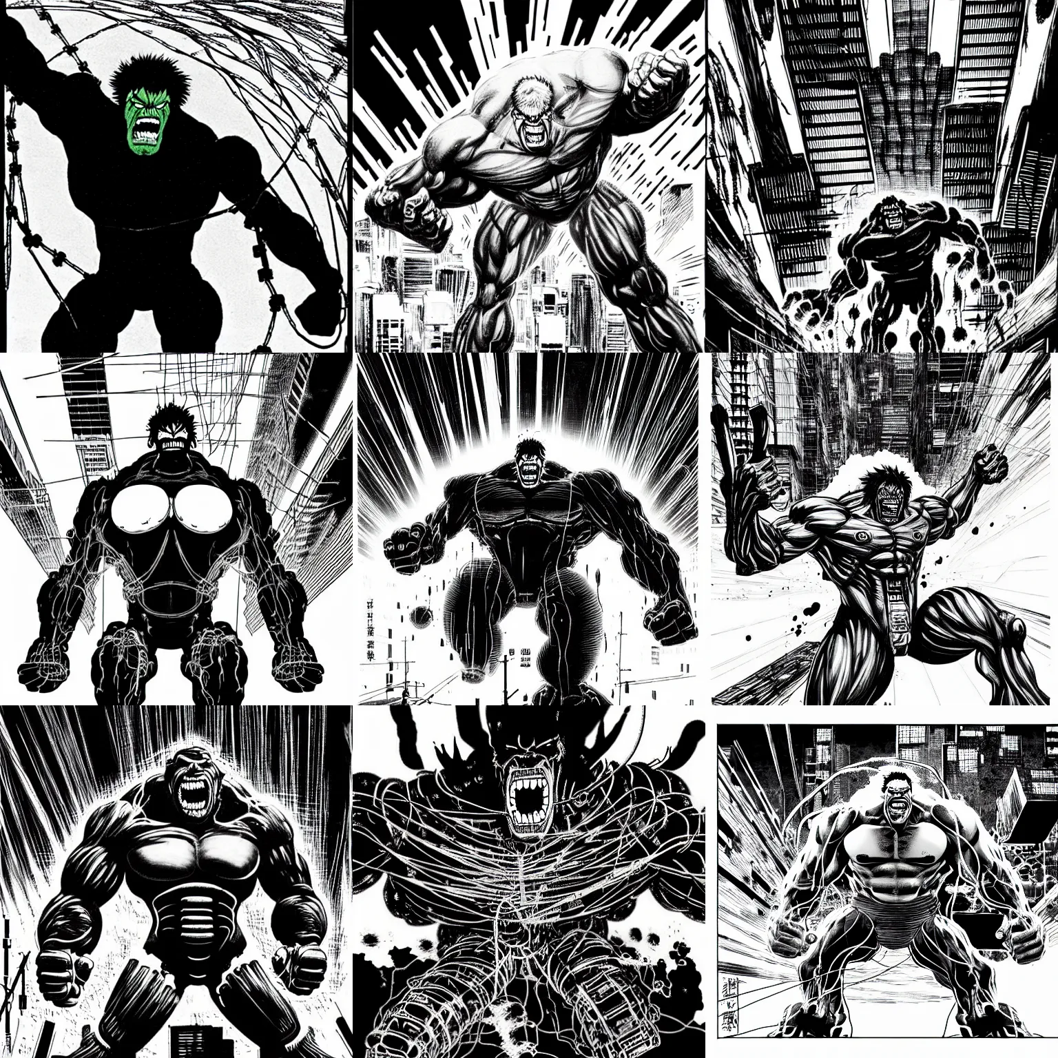 Prompt: black and white hulk with wires screaming in nuclear explosion, by tsutomu nihei, black and white, no color, destroed cybernetic city background