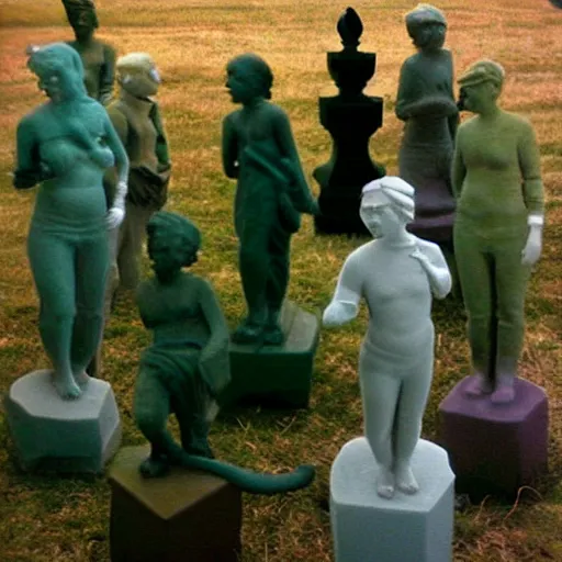 Prompt: Beautiful colored-photo cameraphone 2005 soft liminal Photograph of army of statues