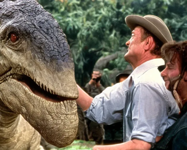 Prompt: john wayne as dr alan grant petting brachiosaurus in jurassic park, movie still