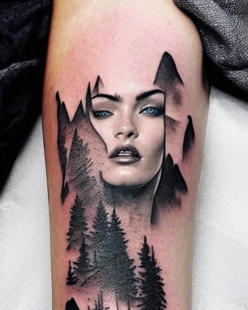 Image similar to creative double exposure effect tattoo design sketch of megan fox faded with beautiful mountain scenery, realism tattoo, in the style of matteo pasqualin, amazing detail, sharp