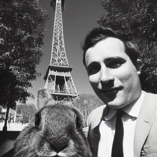 Image similar to a rabbit selfie in front of the eiffel tower, black and white vintage photograph