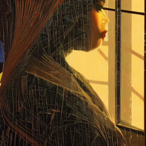 Prompt: detailed face of an arabic woman, clockwork, moment, tectonic sky, skydome, bullet train, turbines, utopian, tech noir, wet reflections, prism, atmospheric, ambient, pj crook, syd mead, livia prima, artgerm, greg rutkowski, nick alm, casey baugh