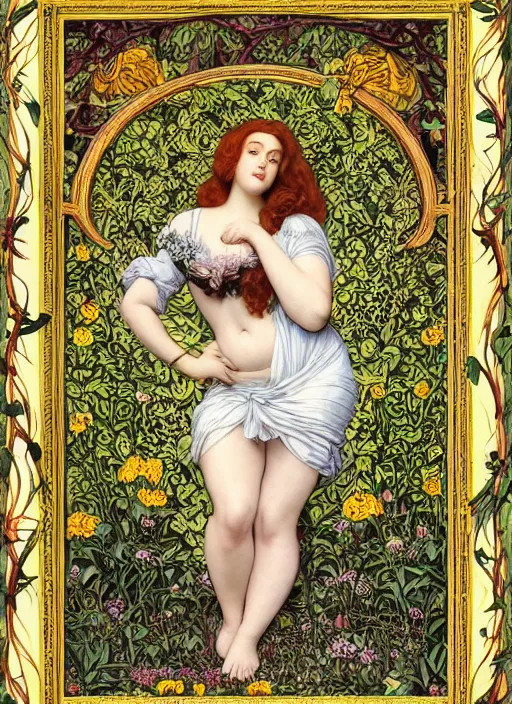 Image similar to masterpiece beautiful seductive flowing curves pinup pose preraphaelite portrait photography, extreme closeup face shot, straight bangs, thick set features, yellow ochre ornate medieval dress, amongst foliage mushroom forest arch, circle, william morris and kilian eng and mucha, framed, 4 k