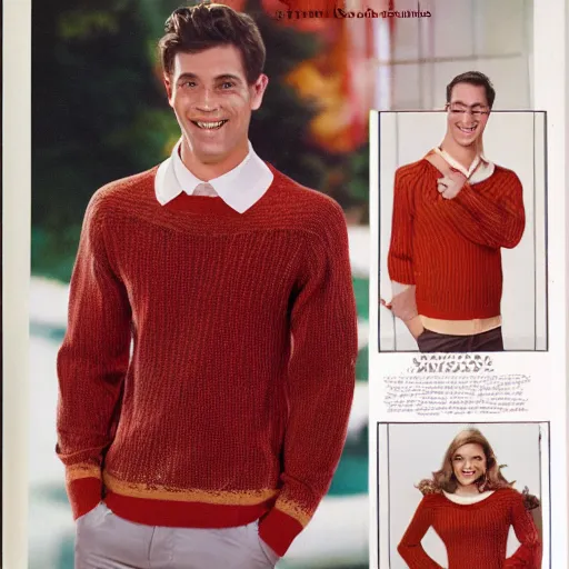 Image similar to model wearing a sweater of bacon weave, product photo, jc penny catalog