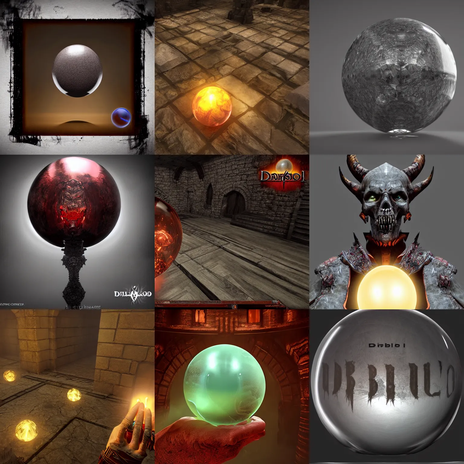 Prompt: a crystal ball with Diablo 2: resurrected inside of it. unrealengine + vray