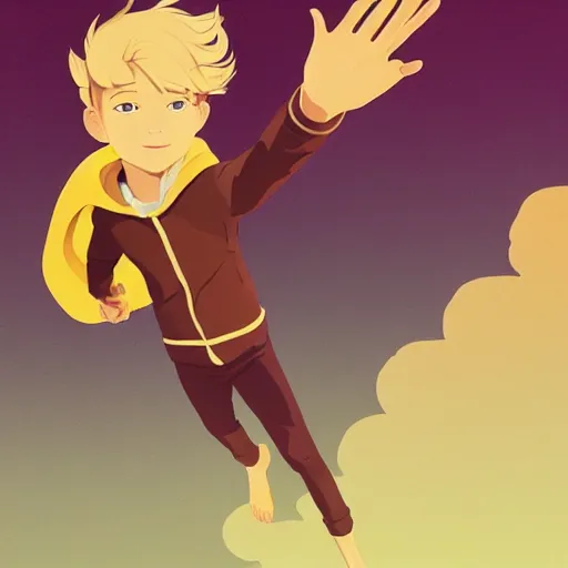 Prompt: blonde boy wearing a brown cape and flying in t pose, yellow eyes, clean cel shaded vector art. shutterstock. behance hd by lois van baarle, artgem, helen huang, by makoto shinkai and ilya kuvshinov, rossdraws, illustration