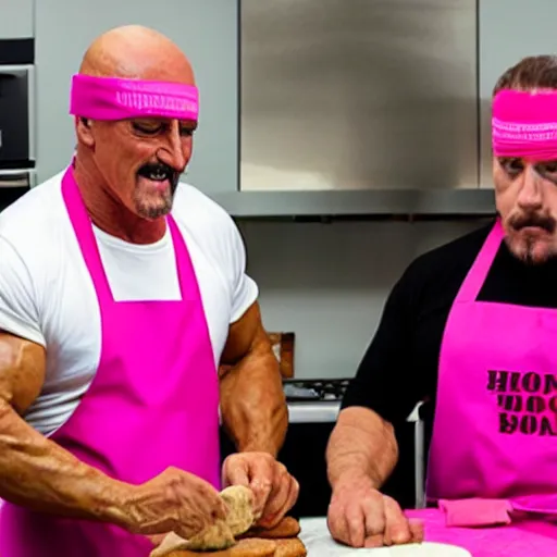 Image similar to Hulk Hogan baking cookies with a pink apron