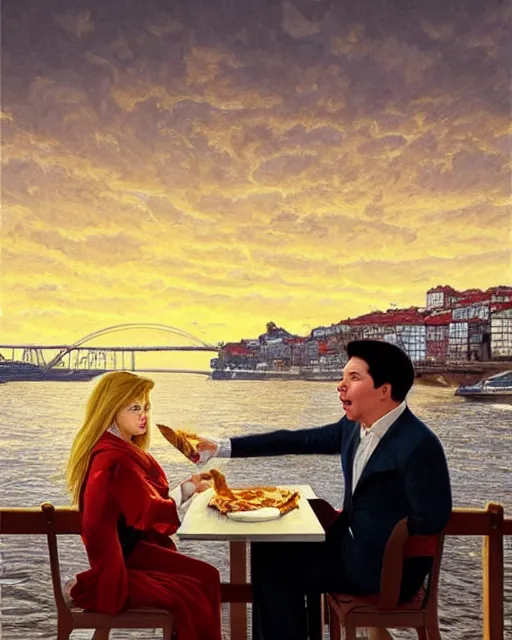 Prompt: Portrait of Michael Mcintyre & a blonde lady eating lasagna on waterfront in Porto, sunset, real life skin, intricate, elegant, highly detailed, artstation, concept art, smooth, sharp focus, art by artgerm and greg rutkowski and alphonse mucha