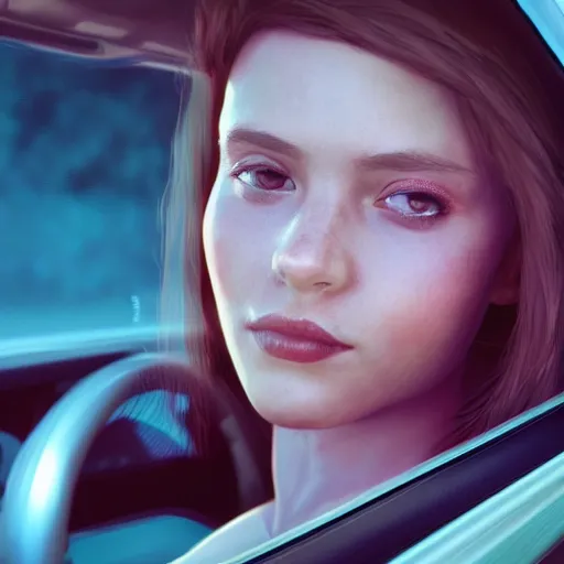 Prompt: portrait of girl in car, 8 k uhd, unreal engine, octane render in the artstyle of finnian macmanus, john park and greg rutkowski