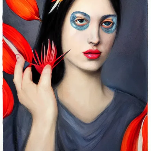 Prompt: portrait of beautiful woman with bird of paradise flower covering her face, art by marco mazzoni, dark background, asymmetrical, colors red white blue and black