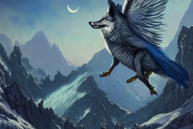 Prompt: Blue feathered wolf with wings on a beautiful fantasy landscape, hills, mountains, moonlit, HD, illustration, epic, D&D, fantasy, intricate, elegant, highly detailed, digital painting, artstation, concept art, smooth, sharp focus, illustration, wallpaper, art by artgerm and greg rutkowski and alphonse mucha and jin xiaodi and anthony devine