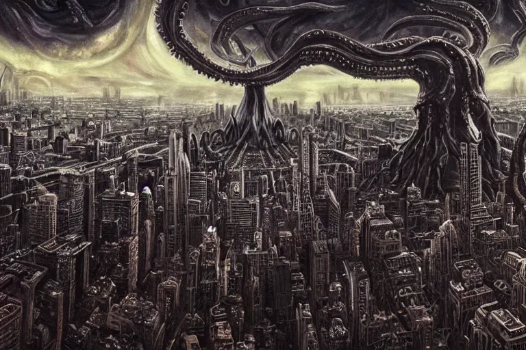 Image similar to man is seeing old god eldritch horror cthulhu terrifying the night sky of a modern city with tall buildings, epic scene, hyper - detailed, gigantic cthulhu, photo - realistic wallpaper, dark art, oil paint