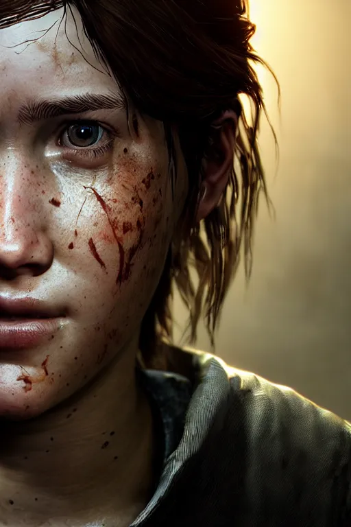 Image similar to ultra realistic facial portrait of ellie from the last of us part 2, digital art, character portrait, highly detailed, trending on artstation, lens flare, atmosphere, hyper realistic, cinematic lightning, sharp focus, unreal engine 5, extreme details perfect face, pretty face, fine - face, illustration, 8 k, ultra texture, masterpiece