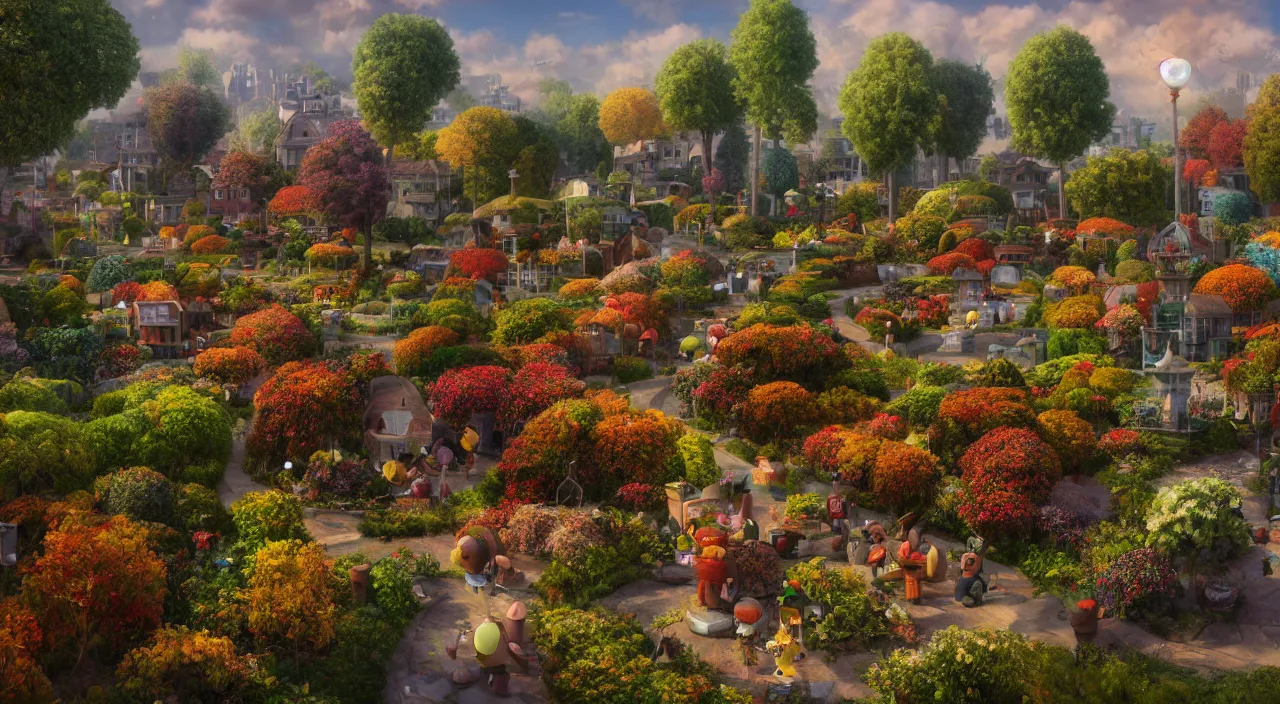 Prompt: this is a city that conforms to ebenezer howard's garden city theory ， painting photoshop by mark ryden and pixar and hayao miyazaki, unreal 5, daz, hyperrealistic, octane render, dynamic lighting, intricate detail, harvest fall vibrancy, cinematic