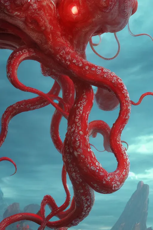 Image similar to giant ancient alien tentacles artwork by yoshitaka amano, red and white, detailed background, extremely detailed, octane rendering, sharp focus, volumetric light, particles, unreal engine 5, rtx