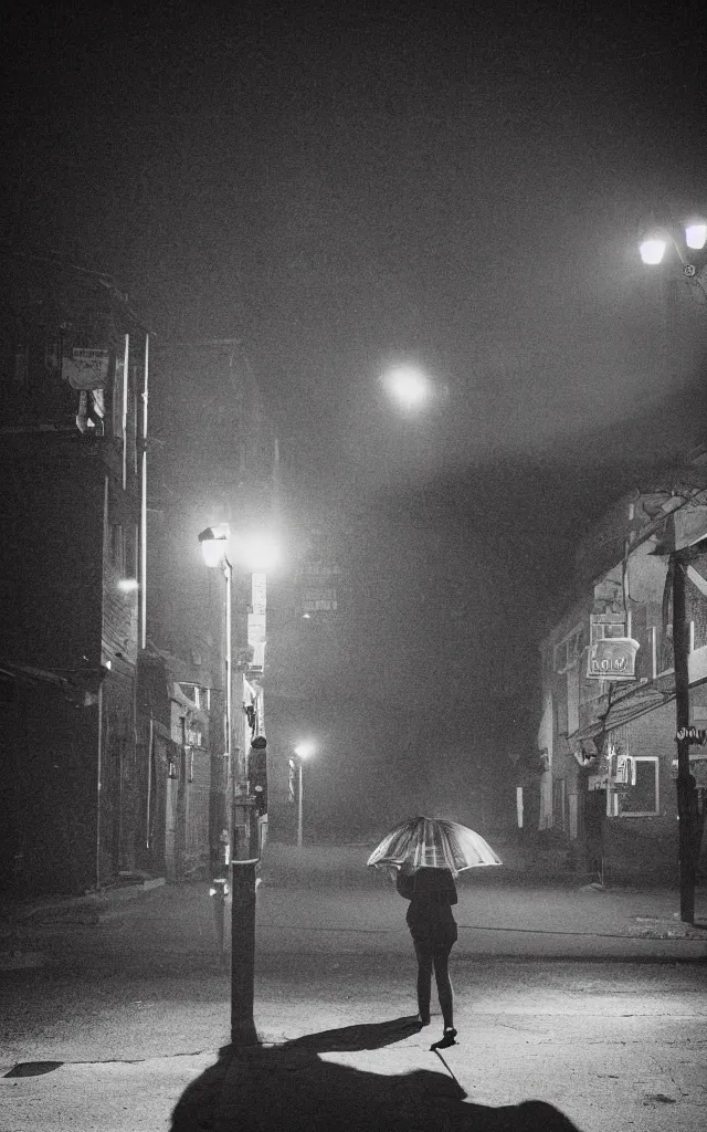 Image similar to “ quiet american neighborhood at night, a woman waiting with a black umbrella, photography in the style of gregory crewdson, mist, rule of thirds ”