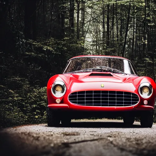 Prompt: ferrari 2 5 0 in the forest, night, headlights are on, professional photography, vaporwave