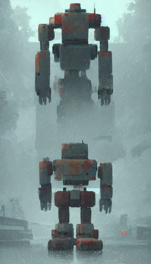 Image similar to a giant broken robot in rain, tired, island, rustic, dormant, nearby, sharp focus, james gilleard, cinematic, game art, extremely detailed digital painting, print
