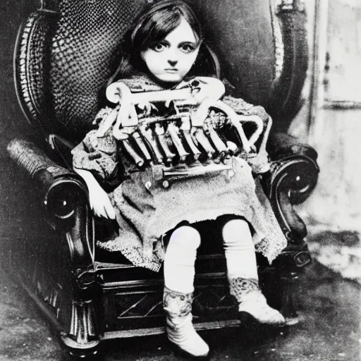 Image similar to a photo of young sad victorian gothic child with big eyes and wide grin sitting on a sofa of bones surrounded by a cyber futuristic cityscape made of human body parts, lighting, 5 0 mm, perfect faces