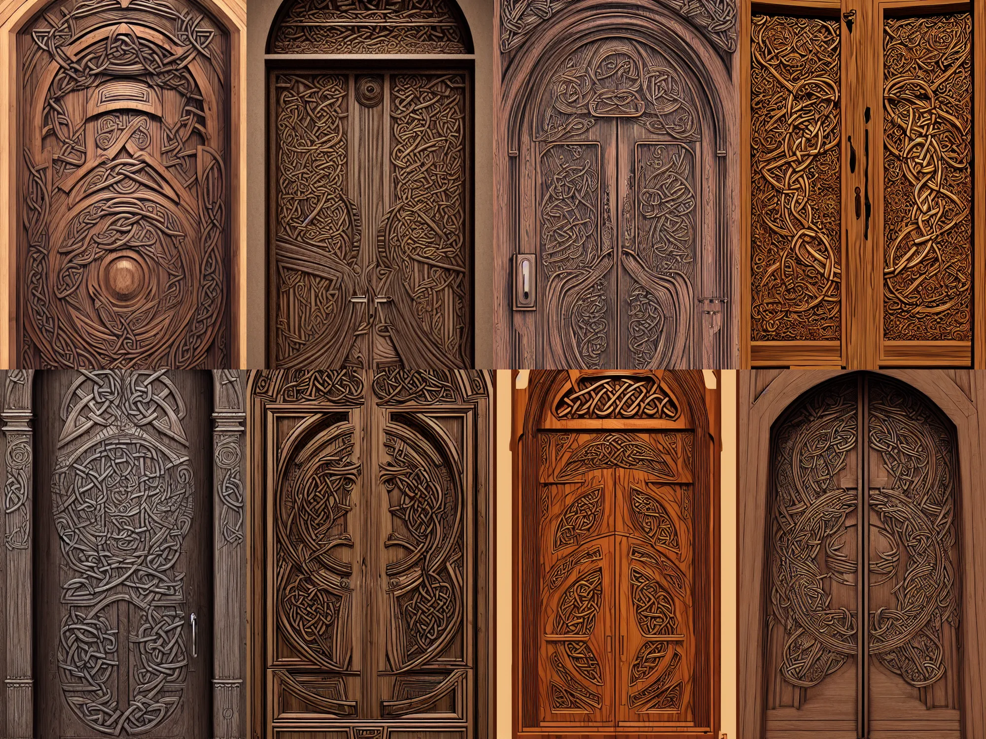 Prompt: front view of a celtic door made in wood, art by James Jean and Wayne Barlowe, high detail, cinematic, cgsociety 8k