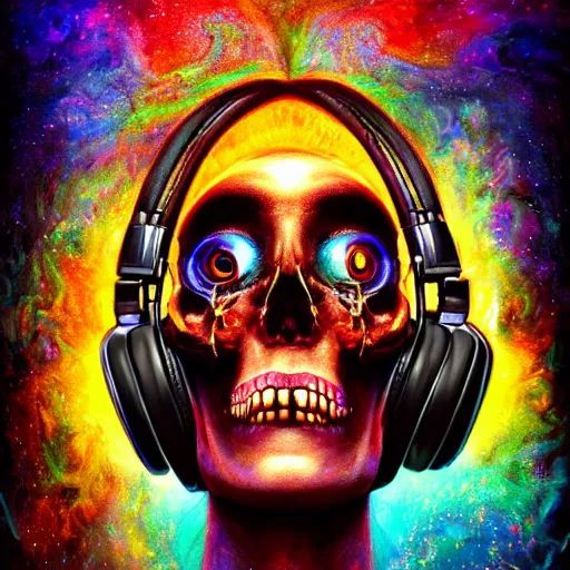 Image similar to portrait of a fantasycore glitchcore deformed skull wearing headphones. intricate abstract. intricate artwork. celestial. prismatic, by josephine wall, pixar, ghibli. octane render, CGSociety very coherent symmetrical artwork. cinematic, hyper realism, high detail, octane render, 8k, holographic accents