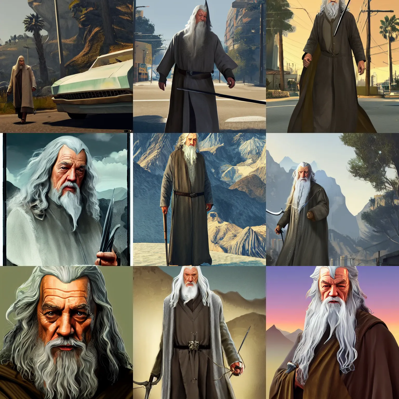 Prompt: Gandalf in GTA V, cover art by Stephen Bliss, artstation