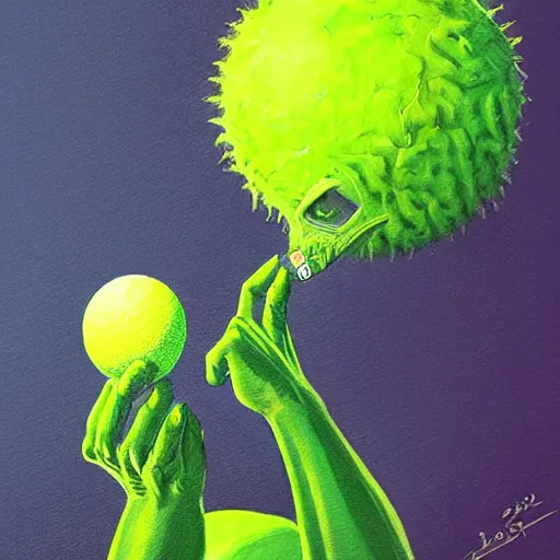 Image similar to a tennis ball monster, digital art, fantasy, magic, trending on artstation, ultra detailed, professional illustration by Basil Gogos