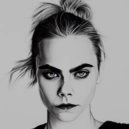 Image similar to minimalistic black and white portrait of cara delevigne, ink on canvas, trending on artstation, eyes, eyebrows, nose, lips, detailed, art