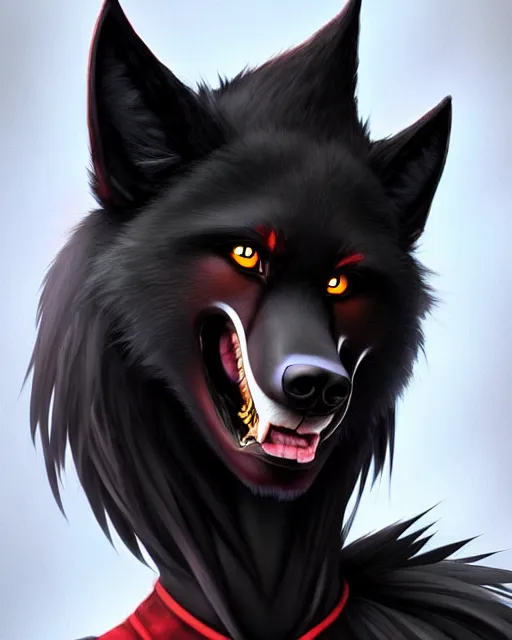 Image similar to character concept art of a black anthropomorphic male furry wolf long red hair | | cute - fine - face, pretty face, key visual, realistic shaded perfect face, fine details by stanley artgerm lau, wlop, rossdraws, james jean, andrei riabovitchev, marc simonetti, and sakimichan, trending on artstation