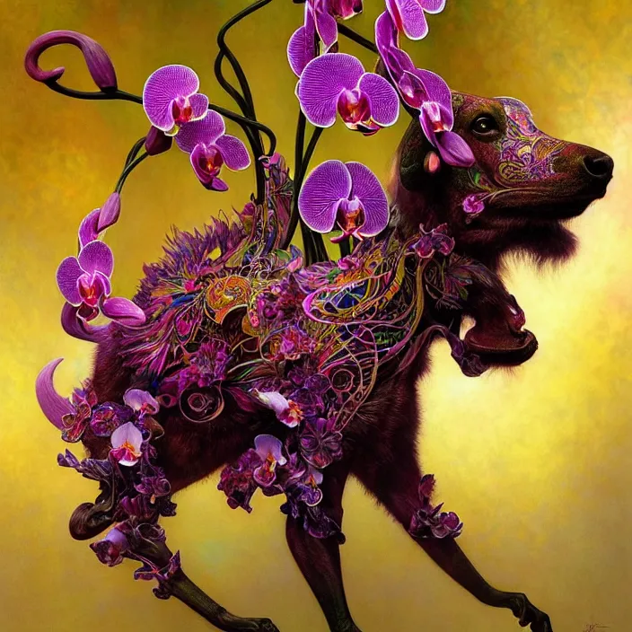 Prompt: psychedelic animal made of orchid, diffuse lighting, fantasy, intricate, elegant, highly detailed, lifelike, photorealistic, digital painting, artstation, illustration, concept art, smooth, sharp focus, art by John Collier and Albert Aublet and Krenz Cushart and Artem Demura and Alphonse Mucha